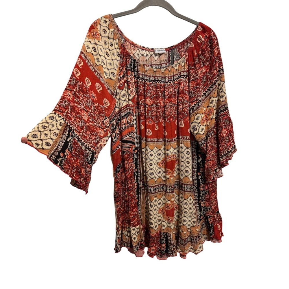 Cha Cha Vente Tunic Top Women's 2X Red Patchwork Boho Peasant Bell Sleeve Indie